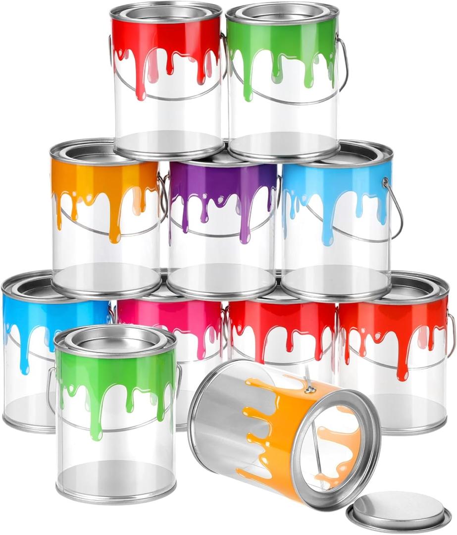 12 Pcs Paint Cans Art Party Favors Clear Empty Paint Cans with Lids Mini Transparent Plastic Buckets Treats Candy Containers for Crafts DIY Decorparty Supplies, 3.35 x 4.92 Inch