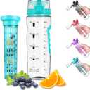 Opard Water Bottle with Time Marker, 30 oz Sports BPA Free Plastic Reusable Fruit Infuser Water Bottles with Handle, Leak Proof Flip Top Lid, Infusion Rod, Cleaning Brush and Recipe (Cyan)