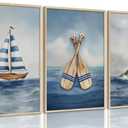 SEINEMBSC Blue Nautical Nursery Wall Art Vintage Sailboat Lighthouse Pictures Wall Decor Boy Coastal Posters Navy Sea Ocean Canvas Print Artwork for Kids Boys Room Playroom Bedroom Decor, Unframed, 24L''X16W''-Unframed
