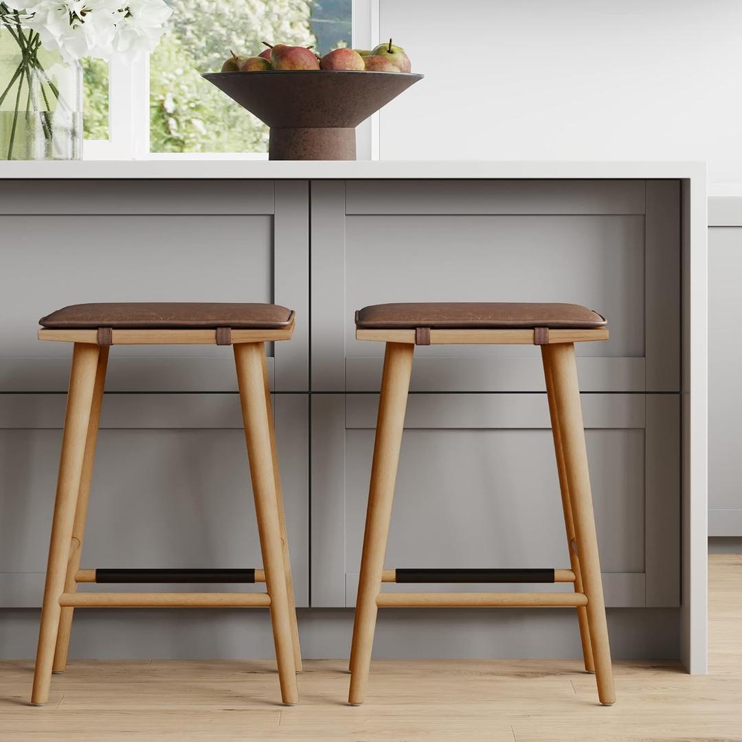 Nathan James Barker Classic Counter Height Wood Barstool with Leather Removable Cushion, Backless Island 24" Bar Stool for Kitchen, Chestnut Brown, Set of 2