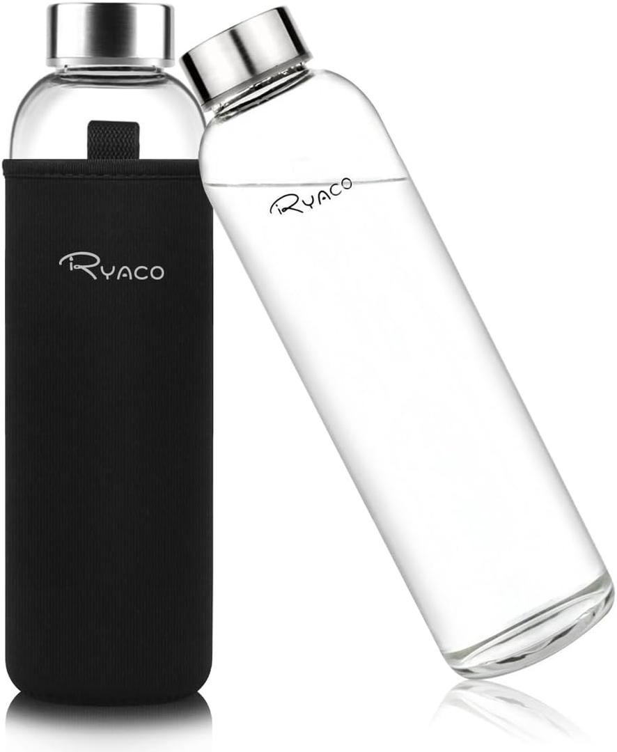 Ryaco Borosilicate Glass Water Bottle 33.8 Ounces BPA-Free Leak Proof Ideal for School Home Office Travel Sport Yoga Gym Hot Cold Drinks with Portable Neoprene Carrying Sleeve and Sponge Brush
