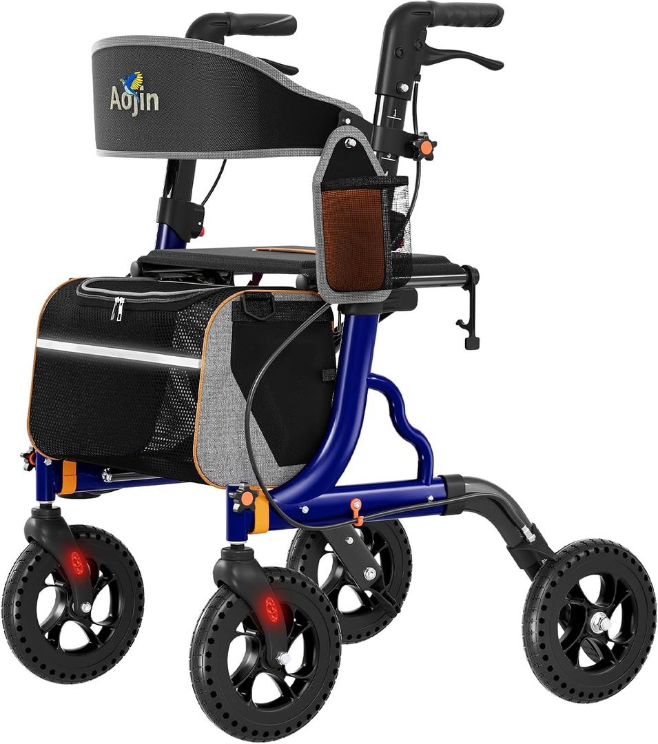Aojin Rollator Walker for Seniors with Seat, Lightweight & Foldable, 8" All-Terrain Wheels, 18" Big Seat, 6-Level Adjustable Height Rolling Walker, 350 lb Capacity, Blue