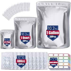100 Pack 10.2 Mil Mylar Bags for Food Storage with Oxygen Absorbers 400cc (10 x 10 Packs) and 200 Pcs Color Labels - 10*14 / 6* 9 / 4.3*6.3 Resealable Zipper Mylar Bag for Long Term Food Storage