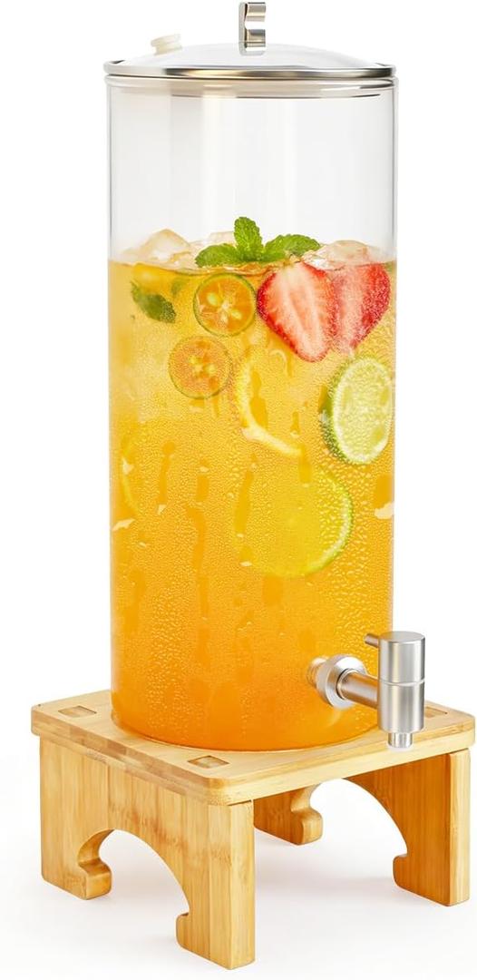2 Gallon Drink Dispenser,Glass Beverage Dispenser With Wood Stand, 18/8 Stainless Steel Spigot and Labels Large Water Drink Dispensers for Parties, Lemonade,Juice, Bar,Wedding,Restaurants