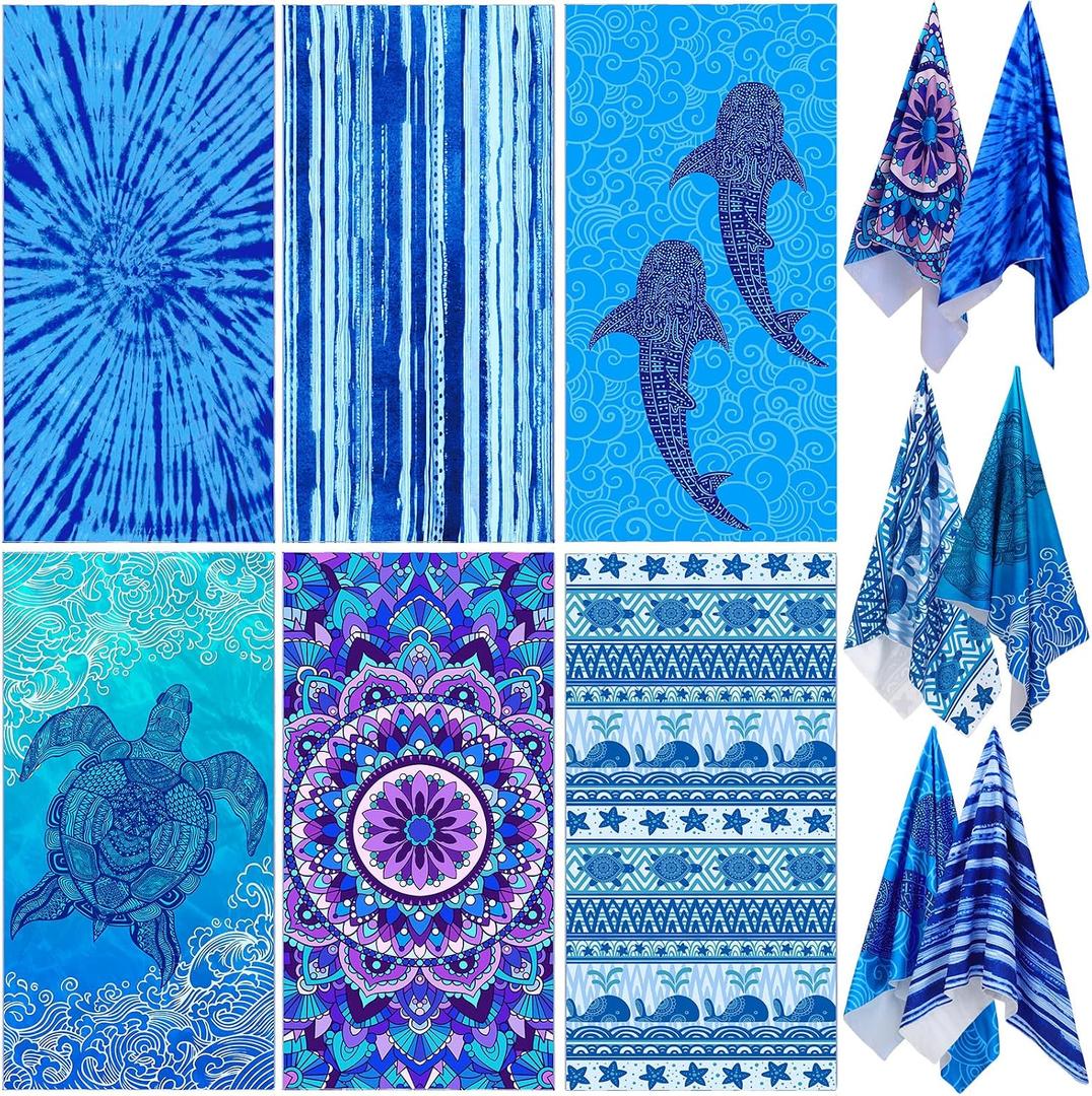 FuWeave 6 Pcs Oversized Beach Towel Set Large Sand Free Microfiber Bath Towel Thin Lightweight Absorbent Quick Dry Pool Towels for Adult Beach Hotel Bath Spa Picnic Yoga (Flower Ocean,32 x 63 Inch)