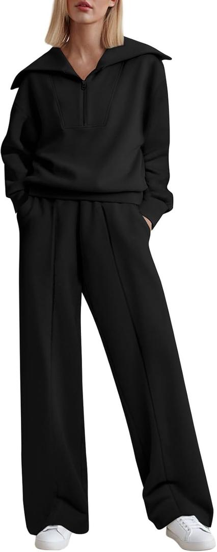 Aleumdr Two Piece Outfits Half Zip Sweatshirt Sweatsuit Lounge Sets for Women Matching Set Wide Leg Sweatpant Tracksuit (XXL)