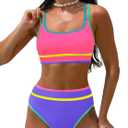 Popvil Women's High Waisted Bikini Sets Neon Two Piece 2026 Swimsuit Sporty Adjustable Straps Bathing Suit (Large, Pink&Purple)