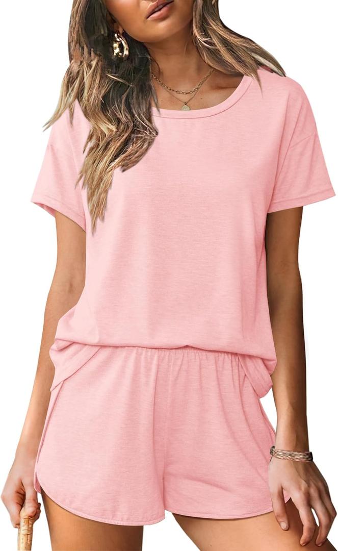 Ekouaer Women 2 Piece Pajama Sets Crew Neck Pjs Soft Short Sleeve Top and Shorts Sleepwear Summer Lounge Set (Pink, M)