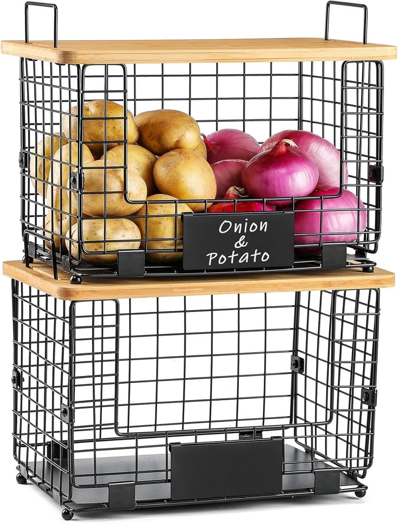 2 Set XL Stackable Wire Basket with Bamboo Tops & Tags- Pantry Organizer and Storage Bins, Kitchen Counter Cabinet Shelf Countertop Under Sink Organizing, Food Snack Produce Onion Potato Bread Storage