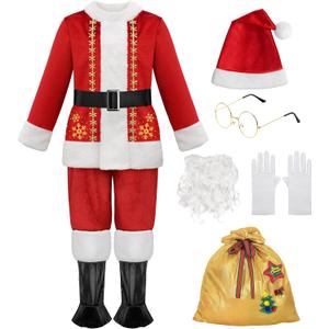 ReliBeauty Kids Santa Costume, 9 PCS Deluxe Toddler Boy Velvet Christmas Outfit for Halloween Cosplay (8-9/140, Red)