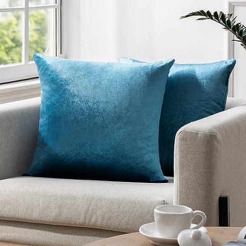 Phantoscope Pack of 2 Velvet Decorative Throw Pillow Covers Soft Solid Square Cushion Case for Couch Shiny Blue 18 x 18 inches 45 x 45 cm