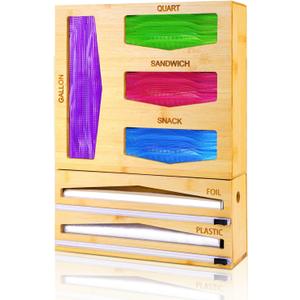 Storage Bag Organizer, Foil & Plastic Wrap Dispenser with Cutters, 6in1 Bamboo Bag Organizer for Kitchen Drawer & Wall Mount-Gallon,Quart,Sandwich,Snack, Foil & Plastic Holders