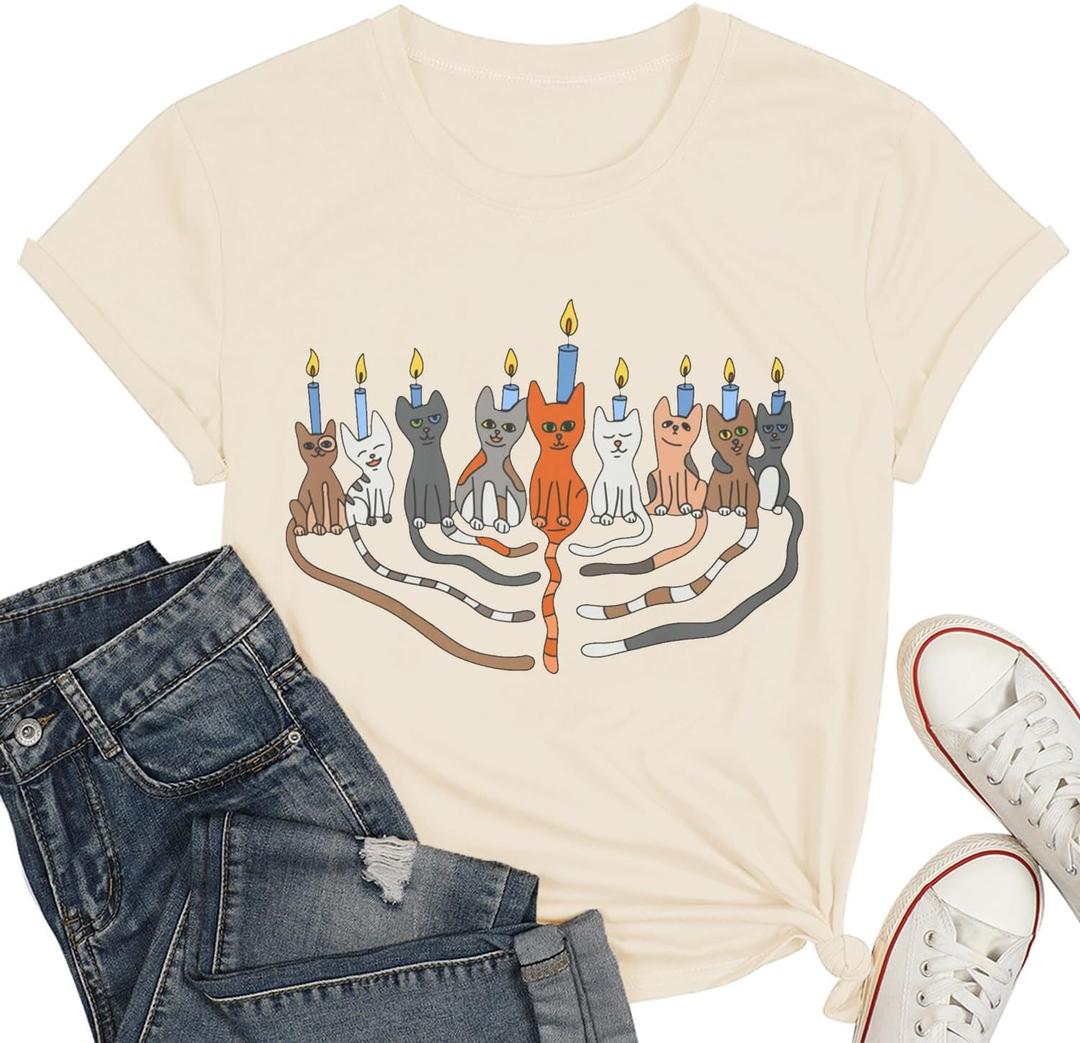 Hanukkah Shirts for Women Jewish Menorah T-Shirt Chanukkah Cat Tee Funny Cat Candle Tops L