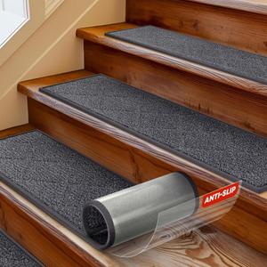 MBIGM 8" x 30" Carpet Stair Treads for Wooden Steps (15 in Pack) - Non-Slip Safety Rug with Soft Plush Comfort - Skid Resistant Indoor Runner for Kids, Elders, and Pets - Dark Gray