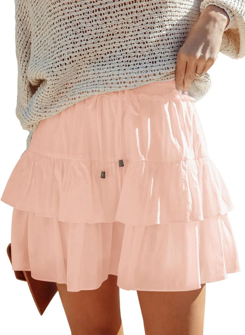 Flowy Shorts for Women Boho Ruffled Tiered Skorts Casual High Waist Mini Skirts Tennis Golf Comfy Shorts 2026 (Pink, L)