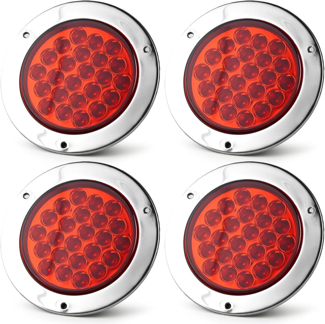 LIGBT 4Pcs 4 Inch Round Red LED Stop Turn Tail Lights 24 LED 4" Trailer Tail Brake Backup Reverse Lights with Stainless Steel Chrome Bezels for Truck Trailer RV Boat