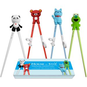 Kids Training Chopsticks for Toddlers, Kids and Adults  Removable Finger Helpers, Animal Design, BPA-Free, Dishwasher-Safe (Animals 4-Pack)