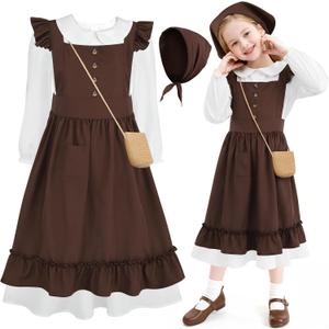 AOTHSO Pioneer Dress for Girls Colonial Costume Prairie Dress with Headscarf Apron Purse Pioneer Outfit for Kids D
