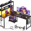 ODK 53 Inch L Shaped Desk with LED Lighting, Reversible Gaming Desk with Power Outlets, Cornor Computer Table with Storage Shelves & Bag & Iron Hook, Home Office Table for Writing, Study, Black