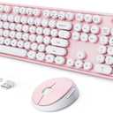 Wireless Keyboard and Mouse Combo, Ergonomic Full Size Typewriter Retro Round Keycaps Keyboard, Compatible with Windows, PC, Perfer for Home and Office Keyboards (Lovely Pink)