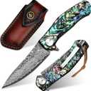Benkey Damascus Pocket Knife with Clip Leather Sheath Sharp VG10 Core Folding Knife, EDC with Liner Lock Unique Abalone Seashells Handle for Outdoor Survival Camping Collection