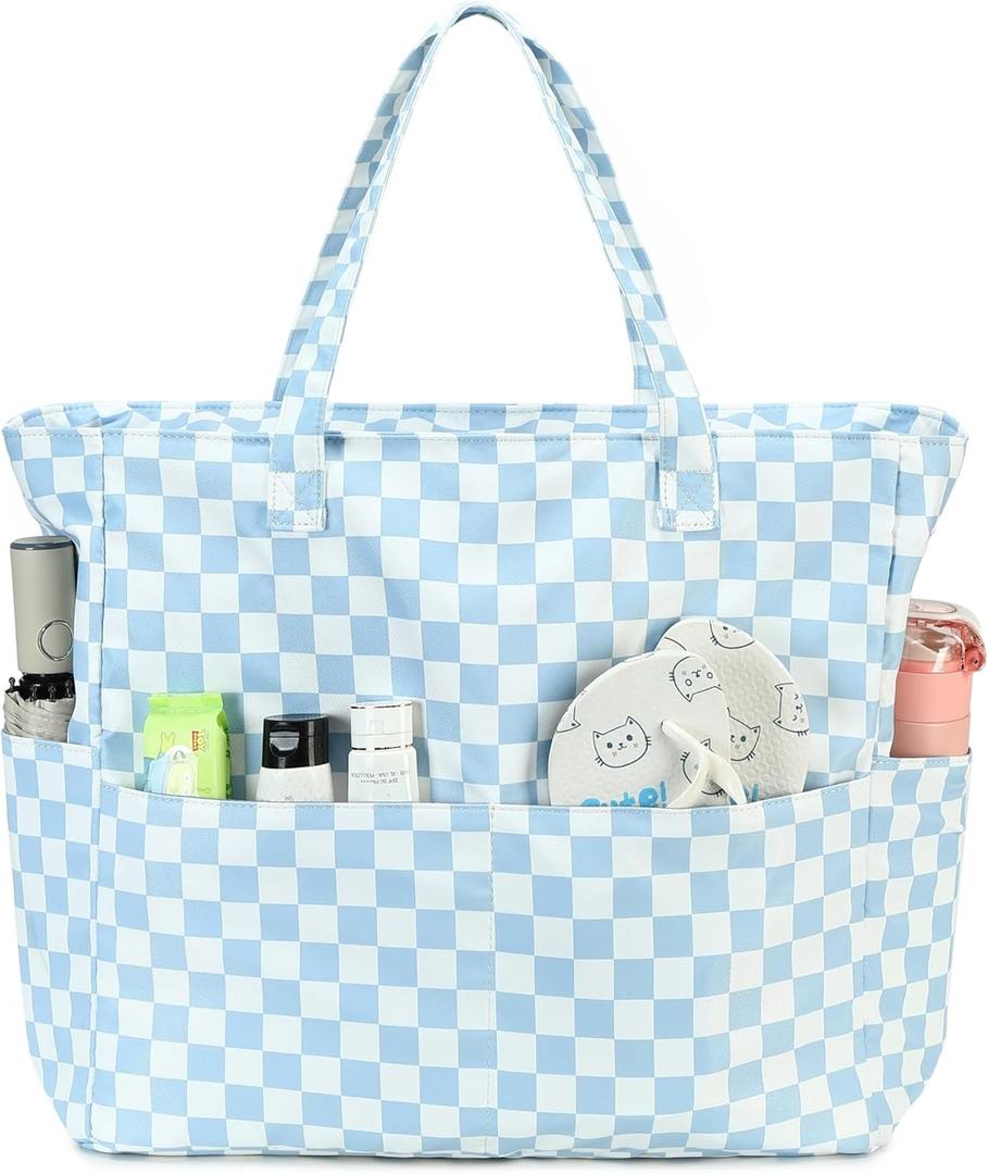 Bluboon Waterproof Beach Tote Pool Bags for Women Ladies Extra Large Carry On Bag With Wet Compartment for Weekender Travel (Blue White Checked)