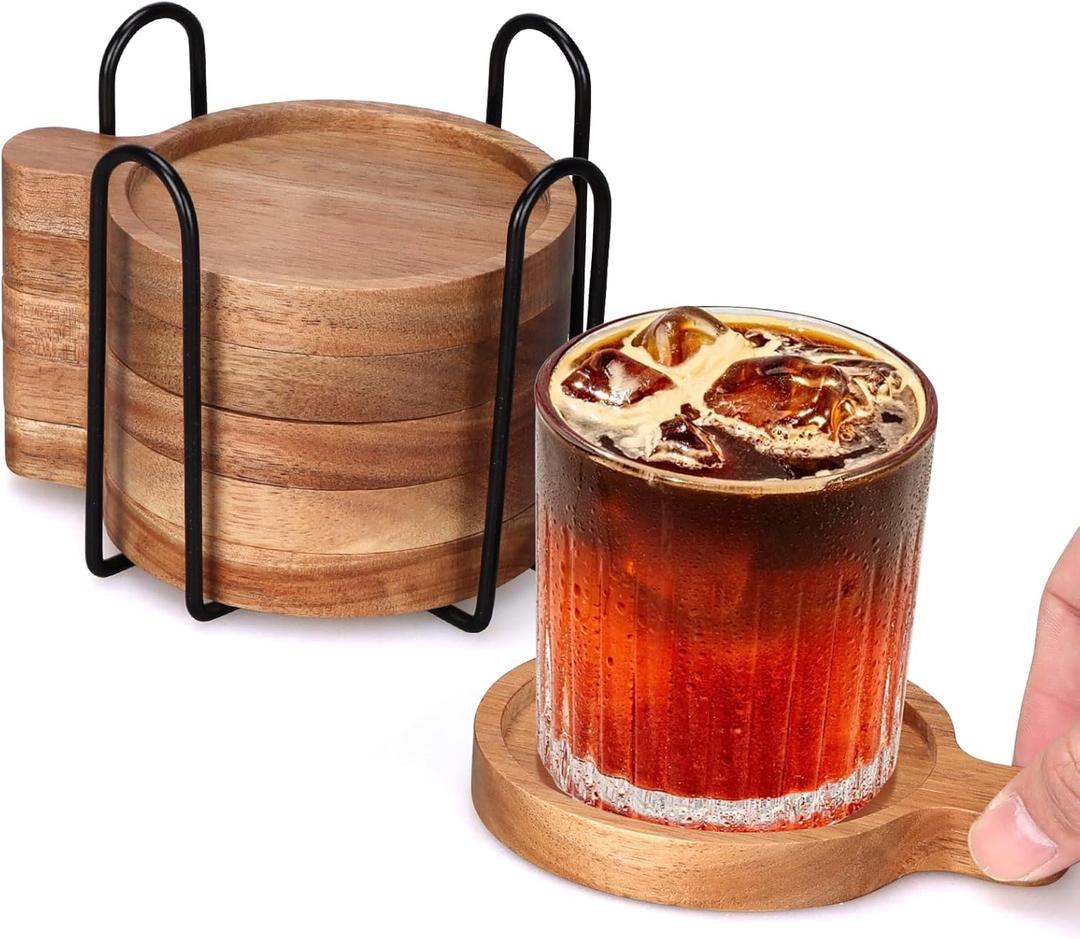 Best Wooden Handle Coasters Set of 6 with Holder Coffee Table Decor Acacia Wood Coaster for Living Room Modern Cup Coaster for Drink Home Kitchen Dining Accessories Bar Farmhouse Outdoor Decorative