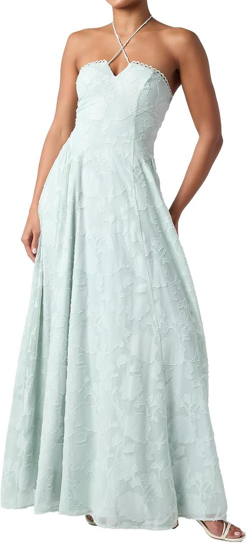 Lulus Sedona Lace Back Burnout Maxi Dress Halter Neck Floral Chiffon Gown for Cocktail Evening Prom S