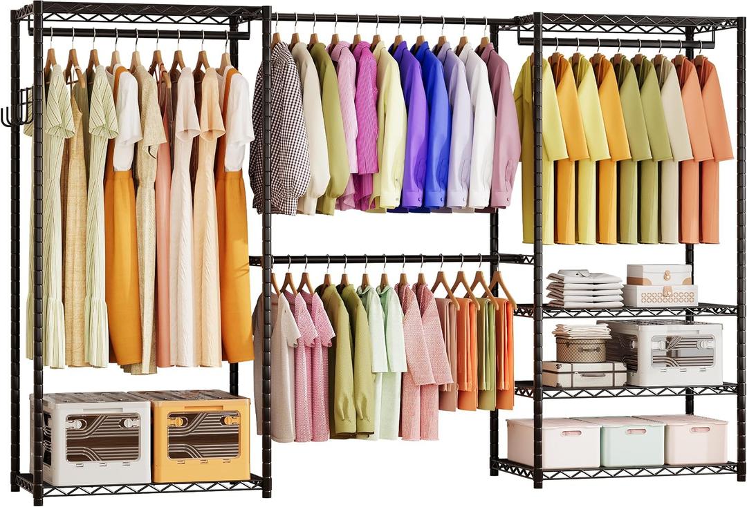 ecobedding Heavy Duty Garment Rack, 900LBS Max Load Freestanding Closet Organizer with 6 Storage Shelves & 3 Adjustable Hanging Rods, Multifunctional, Glossy Black, 15.75" D x 70-88.5" W x 76.5" H
