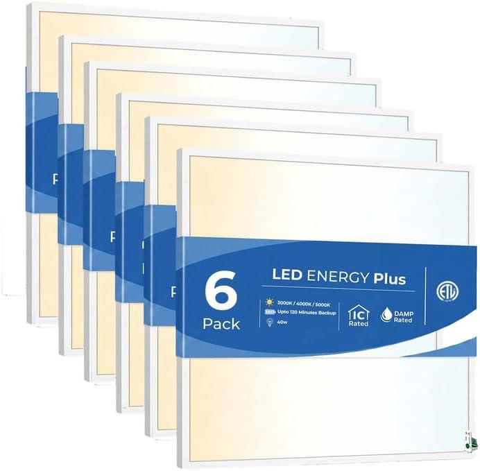 2X2 LED Flat Panel Light Emergency Battery Backup, 40W-3000K/4000K/5000K, 0-10V Dimmable, 4390 Lumens, LED Drop Ceiling Light, 100-277V, and UL Listed, Ultra Thin Back-Lit (6 Pack)