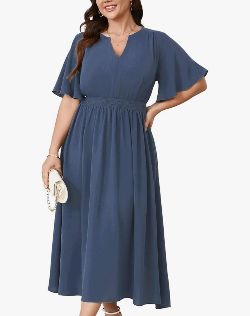Women's Plus Size Dress for Women Wedding Guest Cocktail Smocked Ruffle Short Sleeve V Neck Flowy Maxi Dresses, 1XL