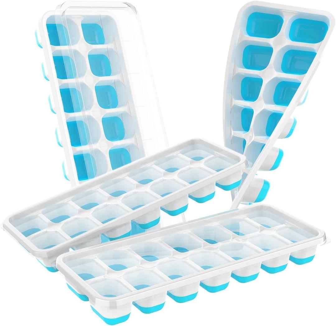 ChefAide Ice Cube Tray with Lid, 4 Packs 56 Cubes Durable Stackable Ice Cube Trays for Freezer with Removable Lids, Easy-Release Plastic & Silicone Ice Tray for Cocktail, Coffee (Blue)