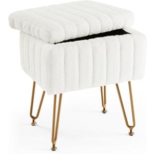 Sweetcrispy Vanity Stool Chair with Storage, Ottoman Faux Fur Soft Padded Makeup Footstools Seat with 4 Metal Legs Anti-Slip Adjustable Feet Modern Cute Small Footrest for Home Entryway Bedroom White, 12.2"D x 16"W x 18.9"H
