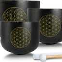 Set of 3 Singing Bowls Life of Flower Black 8-12 inch 8"G 10"E 12"C Frosted Quartz Crystal Sound Healing Bowls with 1 Mallet Suede 1 Striker 3 O-rings