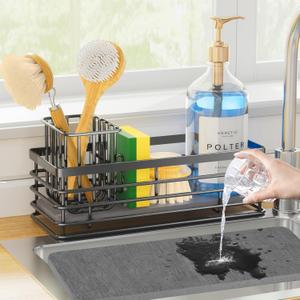 Yofidra Sponge Holder for Kitchen Organizer: Sink Caddy with Instant Drying Stone, Metal Stainless Steel, 9.5" X 3.5" X 5.2" Home Decor Storage and Organization Accessories (Black)