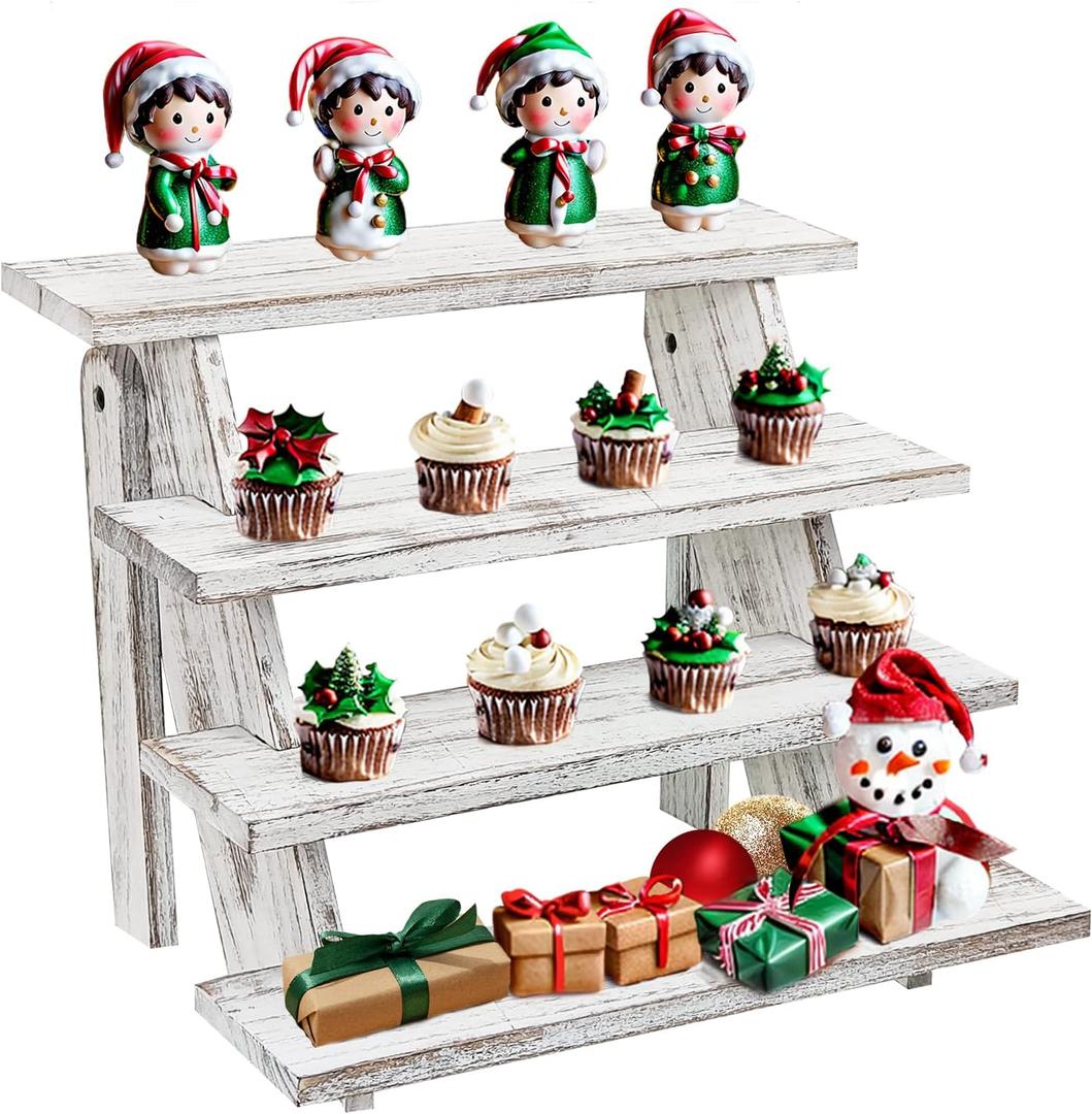 Wooden Cupcake Stand - 4 Tier Cupcake Display Stand, Rustic Tiered Display Stand, Tool Free Installation Cupcake Stand for Wedding Baby Shower Decorations Birthday Party Supplies (White)