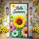 Hello Summer Door Cover for Door Decorations Sunflower Door Banner Backdrop Summer Seasonal Porch Front Photo Background for Outdoor Decor Supplies 71 x 35 Inch