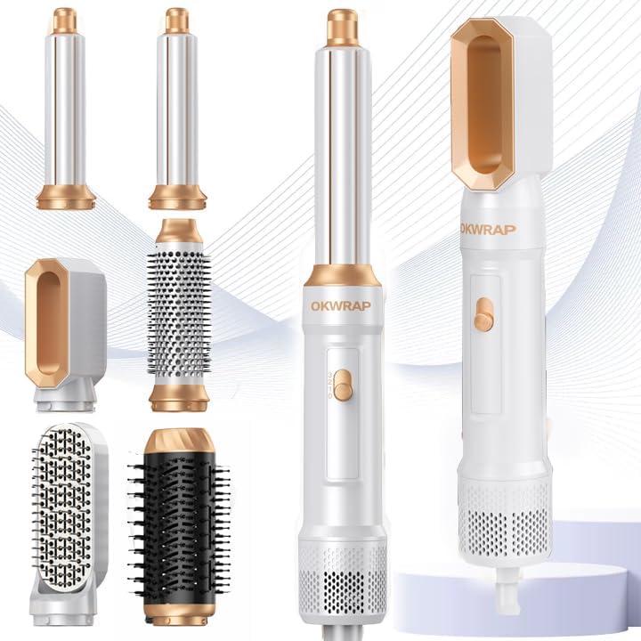 6 in ONE Blow Dryer Brush Ionic Hair Dryer Brush for Women, Hot Air Brush Hair Styling Tools 100-120V, Air Curling Iron Round Brush Blow Dryer 800W (White Gold)