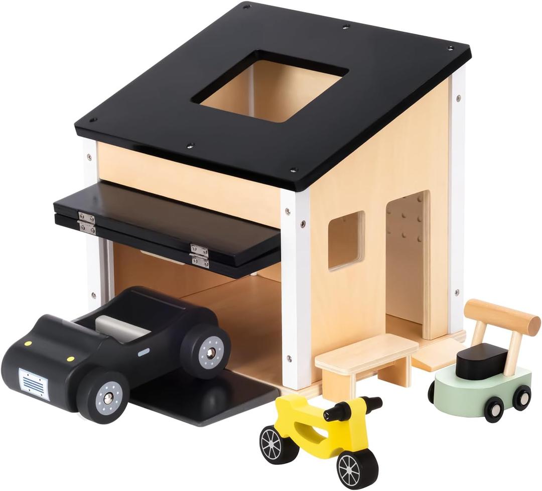 OOOK Wooden Dollhouse Garage Set Includes Workbench, Lawn Mower, Bicycle and Car, Dollhouse Furniture & Accessories for Kids