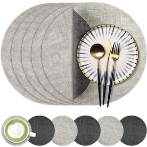 13-Inch Faux Leather Round Placemats Set of 6, Waterproof Anti-Slip Dual Sided Place mats, Heat Resistant Washable Table Mats with Coaster, Suitable for Indoor & Outdoor (6, Black Light Gray)