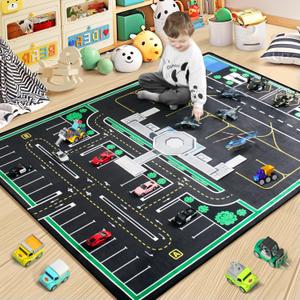 Kids Rug, Airport Rug & Play Mat, 4x6 Ft Road Carpet for Kids with Combined City Traffic & Airport Runway, Non-Slip Playmat for Playroom, Classroom, and Bedroom (Carparking)