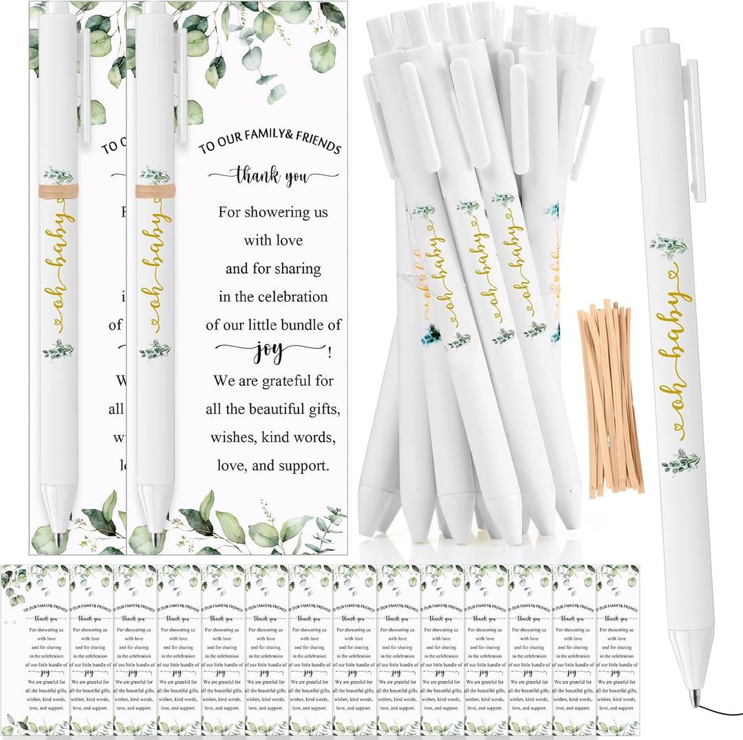 Tenceur 30 Set Baby Shower Pens Greenery Baby Shower Favor for Guest Sage Ballpoint Pens with Woodland Thank You Cards Gender Reveal Party Favor for Girl Boy Party Souvenirs Prizes