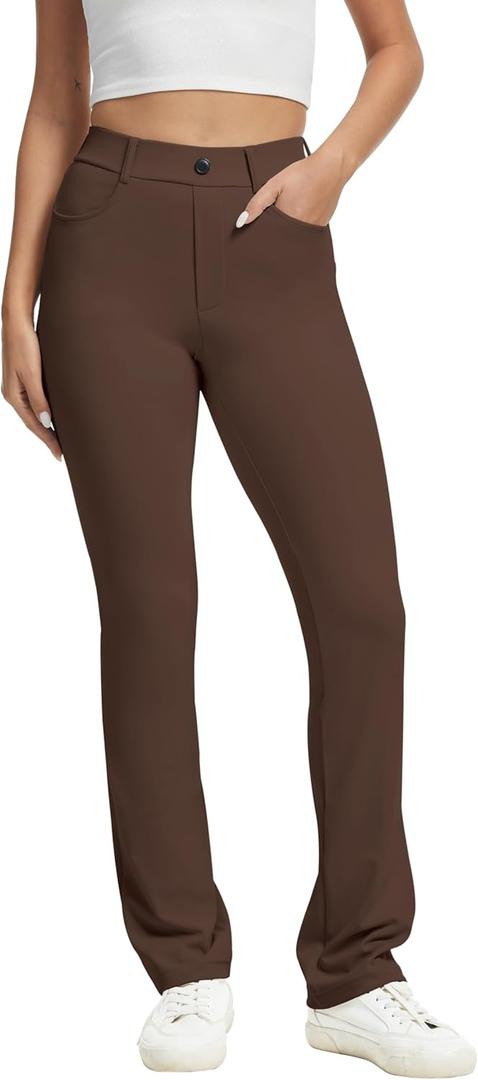 VIMPEP Womens Stretchy Yoga Dress Pants High Rise Straight Leg with Pockets Casual Petite/Regular 1202 (Medium, Dark Brown)