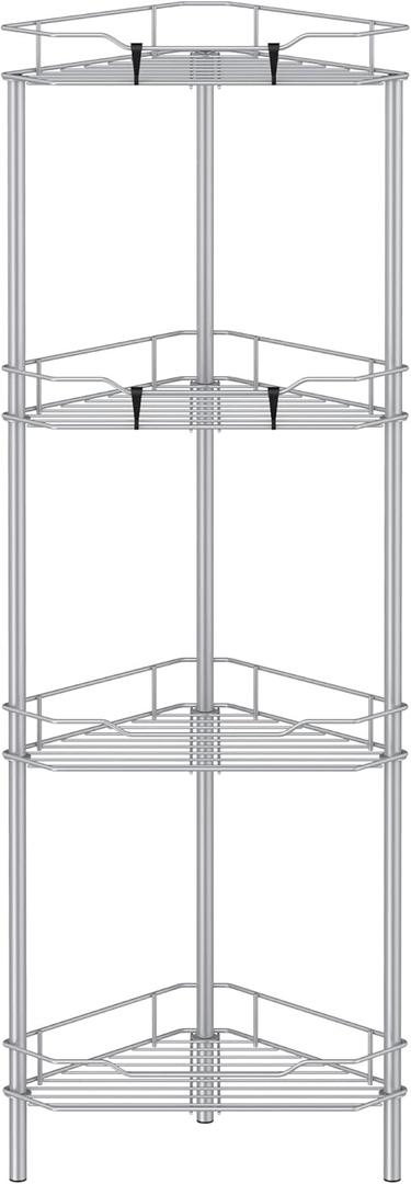 HuggieGems 4 Tier Floor Standing Corner Shower Caddy Organizer Shelf with Hooks, Bathroom Shelves Stand Rack, Silver