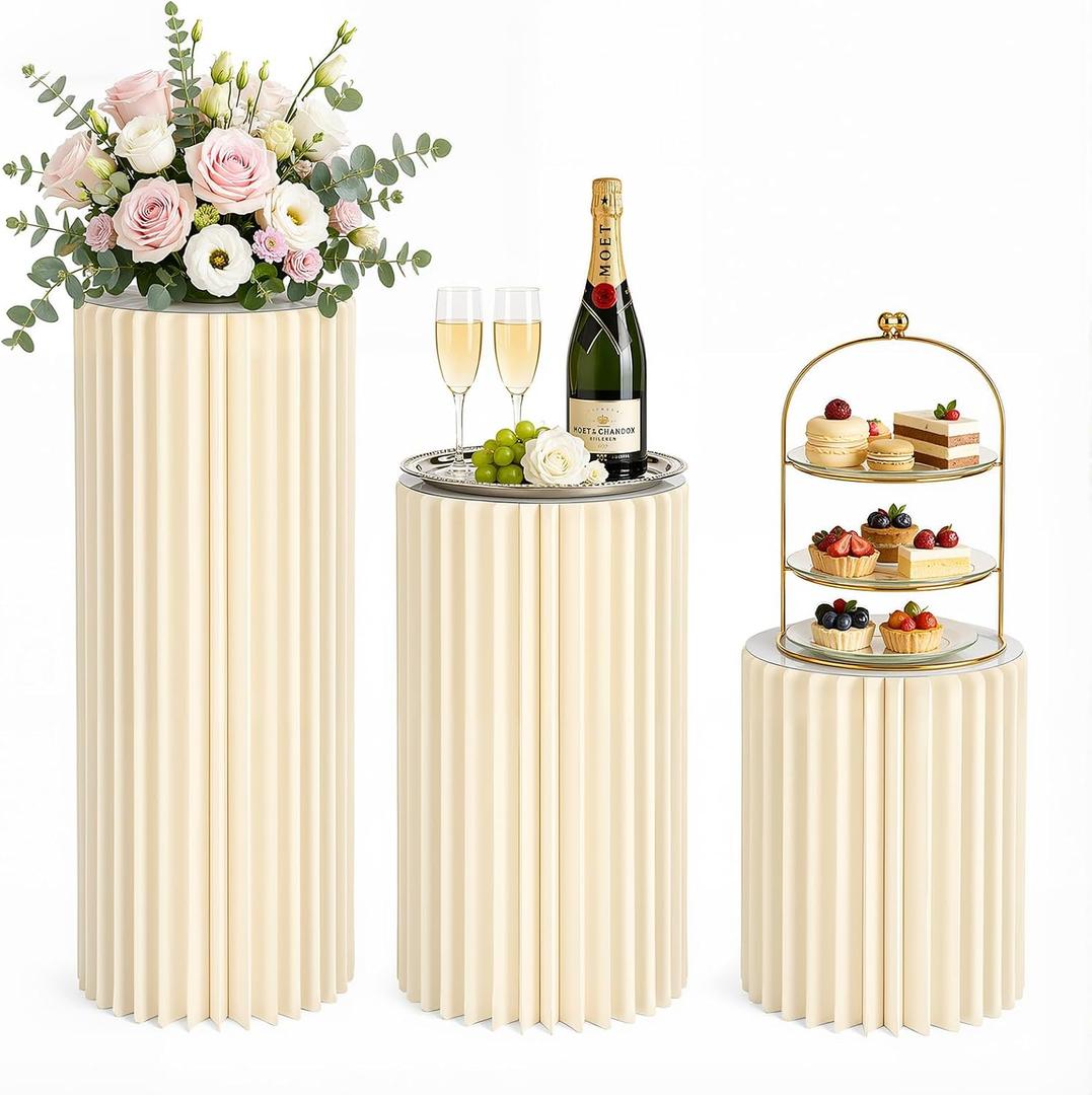 3 Pack Cylinder Display Stands, 15.75 23.62 31.50 inches
Foldable Cardboard Columns, Pedestal Stand for Wedding, Birthday Party, Baby Shower & Family Gathering Decoration