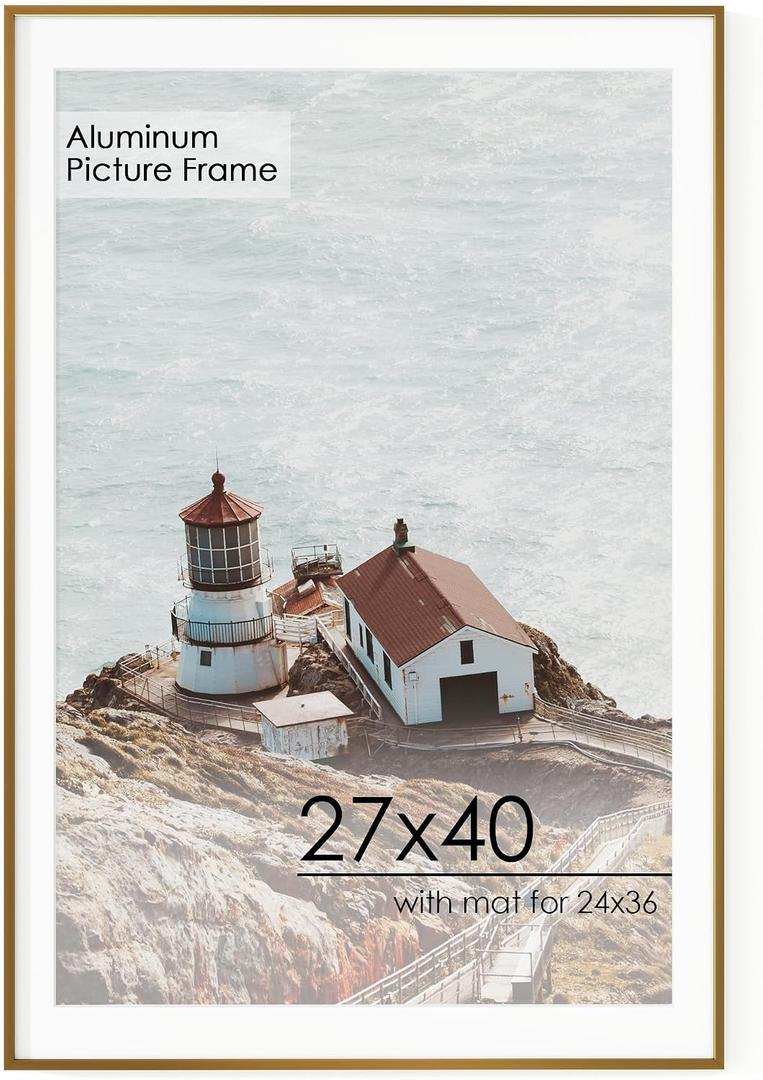 27x40 Metal Picture Frame For Wall With Mat For 24x36, 27''x40'' Aluminum Photo Frames With Tempered Glass For Home Decor, Minimalist Modern Poster Frame Horizontal And Vertical Formats, Bronze, 27''x40''-1P Real Glass