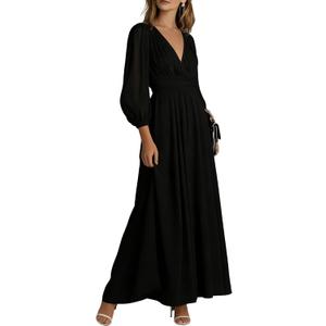 XNC Long Sleeve Dresses for Women 2026 Spring Summer Casual Chiffon Dress | Long Sleeve, Deep V Neck, Flowy Maxi Wedding Guest Dress, Vacation Dress, 2026 Summer Dress, Boho Dress, Black XXL