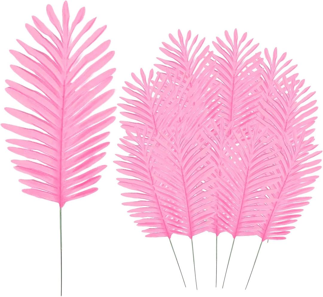 GWOKWAI WUHNGD 12 Pcs Artificial Palm Leaves Plants Tropical Large Palm LeavesImitation Ferns Artificial Plants Leaf for Home Hawaiian Party Jungle Beach Table Leave Decorations, Pink