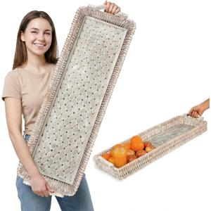 38" Extra Long Handwoven Decorative Tray with Wood Base and Handles
Handwoven decorative tray with a sturdy wood base, perfect for dining tables and seasonal centerpieces