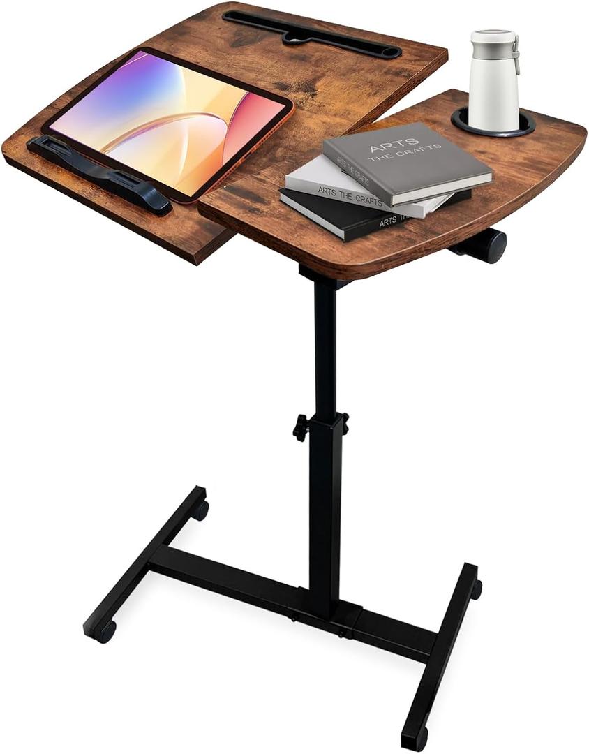 Overbed Table with Wheels Adjustable Height, Tiltable Desktop with Tray, Over Bed Table Rolling Bedside Tables, Medical Mobile Standing Desk, for Hospital Office Bedroom Sofa, Brown